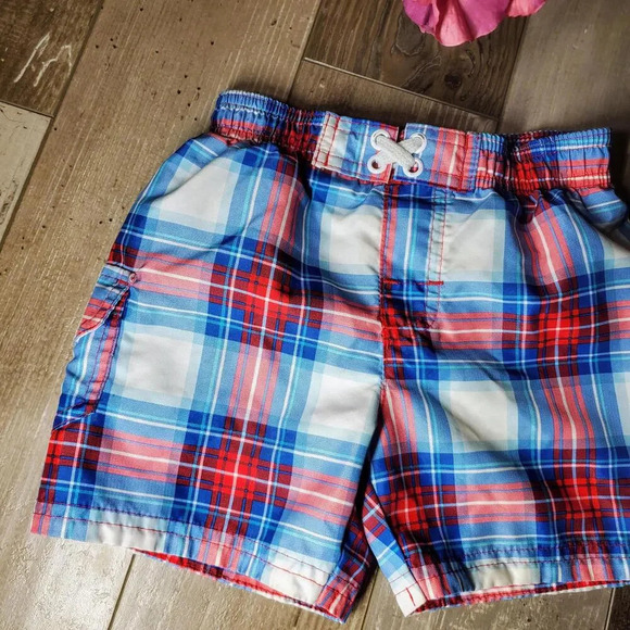 OP Baby Boy Board Shorts Swim Trunks Blue Red White Plaid Size 18m NWOT - Picture 8 of 10